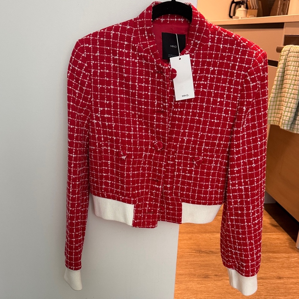 Mango Red and White Checkered Blazer
